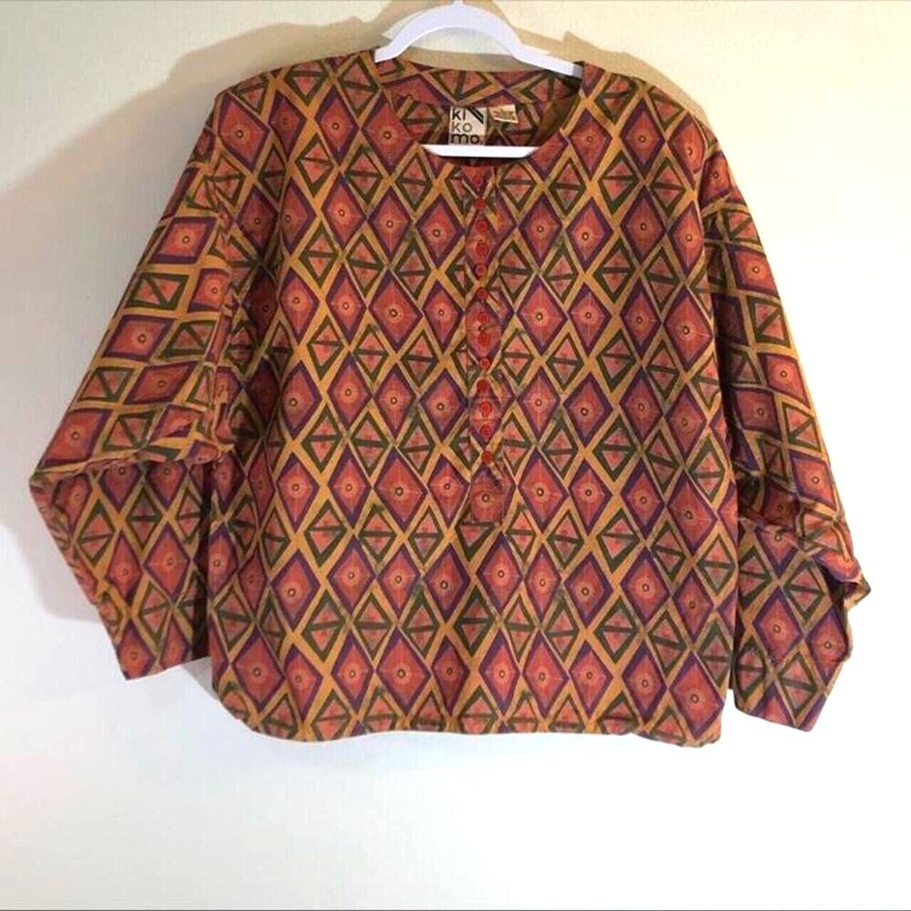 Kikomo Size Large Orange Green Balloon Sleeve Groovy Funky Abstract Button Up